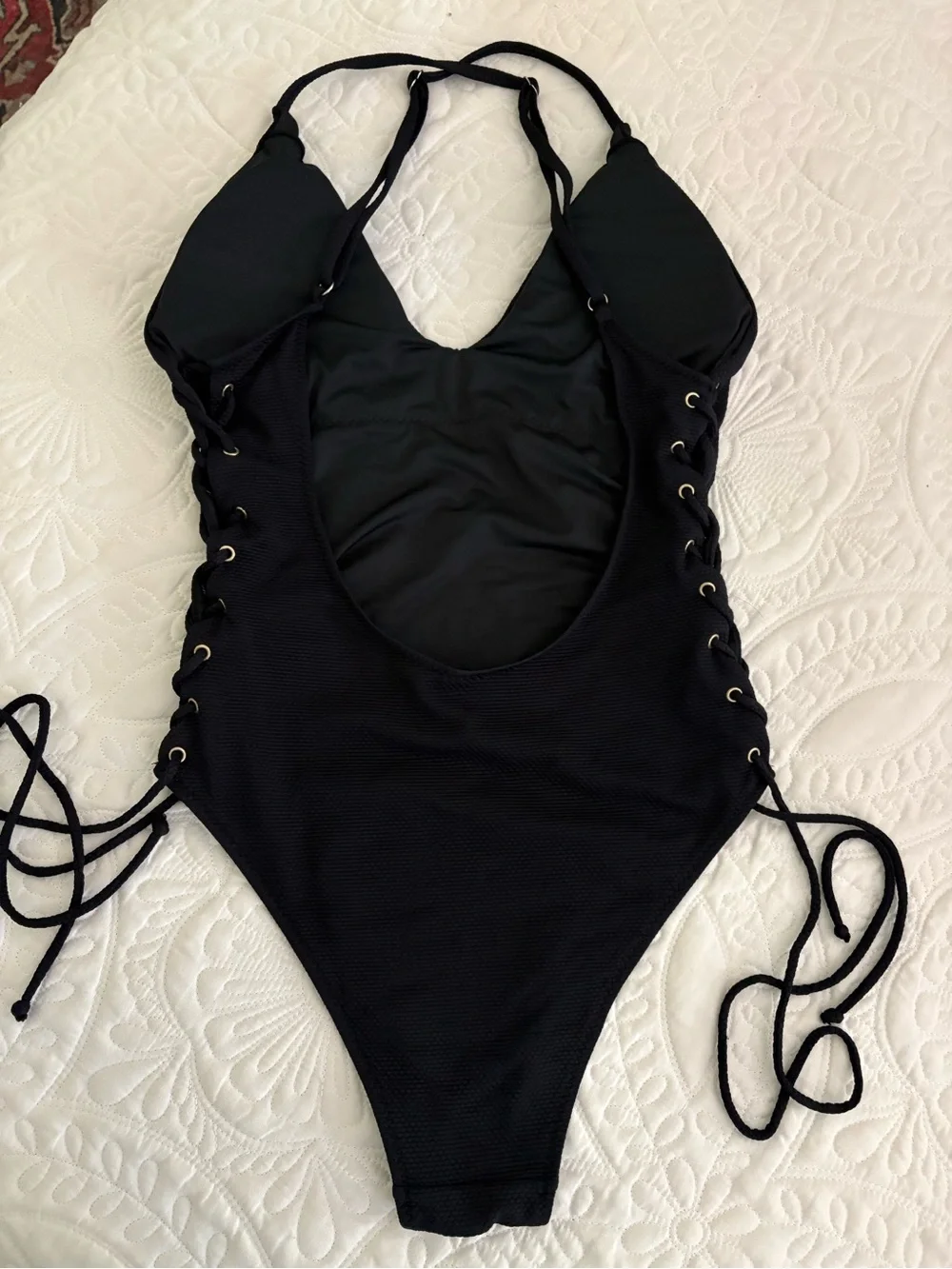 Black Lace-Up One-Piece Swimsuit L